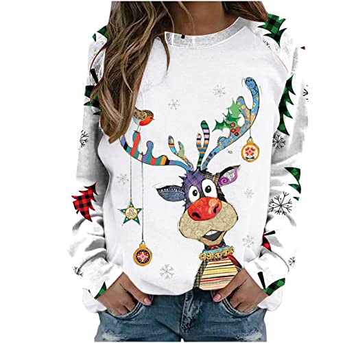 Womens Christmas Sweatshirt Long Sleeve Crewneck Cute Vintage Trendy Winter 2023 Christmas Sweater Women Reindeer Merry Tshirts Shirts White L