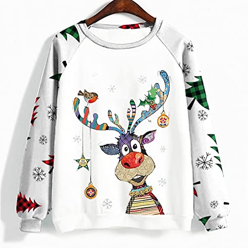 Womens Christmas Sweatshirt Long Sleeve Crewneck Cute Vintage Trendy Winter 2023 Christmas Sweater Women Reindeer Merry Tshirts Shirts White L