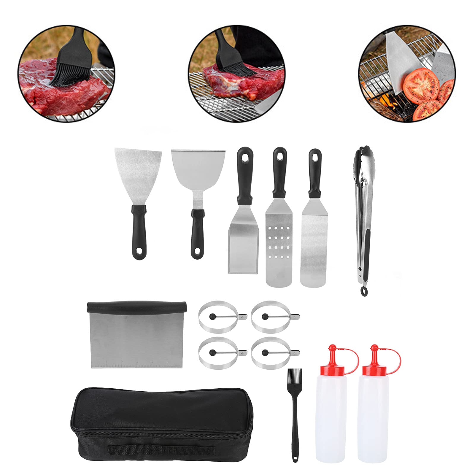 Stainless Steel Griddle Accessories Kit, Non‑Stick Durable BBQ Tool Set, Portable Grilling Tools, Suitable for Kitchen Outdoor Camping Cooking(14pcs)