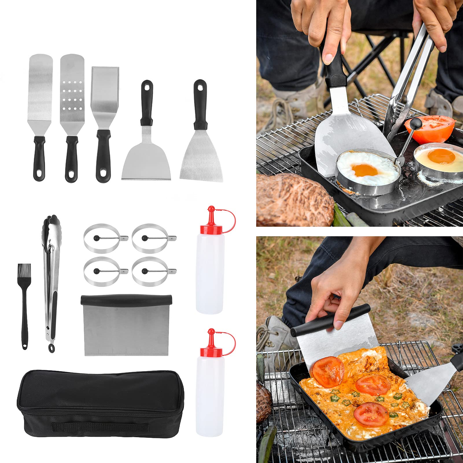 Stainless Steel Griddle Accessories Kit, Non‑Stick Durable BBQ Tool Set, Portable Grilling Tools, Suitable for Kitchen Outdoor Camping Cooking(14pcs)