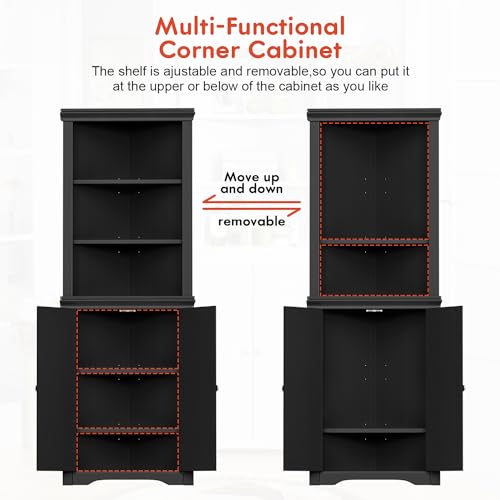 YESHOMY Corner Cabinet Shelves Side Freestanding Storage Organizer with Large Space and Two Doors, Home Furniture for Multifunction in Living Room, Bathroom, Hallway, Kitchen, Bedroom, Black