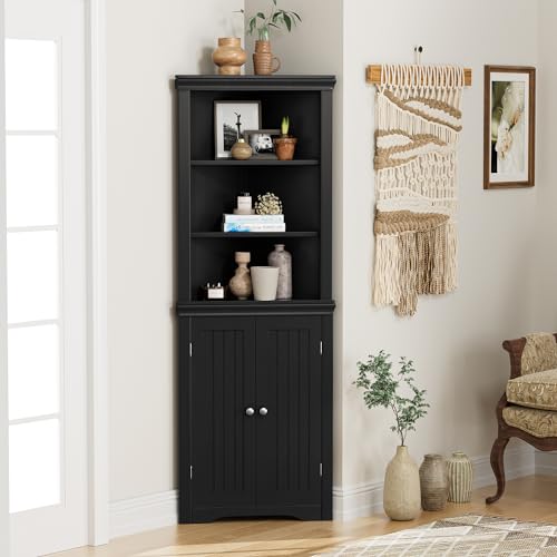 YESHOMY Corner Cabinet Shelves Side Freestanding Storage Organizer with Large Space and Two Doors, Home Furniture for Multifunction in Living Room, Bathroom, Hallway, Kitchen, Bedroom, Black