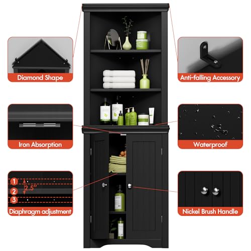 YESHOMY Corner Cabinet Shelves Side Freestanding Storage Organizer with Large Space and Two Doors, Home Furniture for Multifunction in Living Room, Bathroom, Hallway, Kitchen, Bedroom, Black