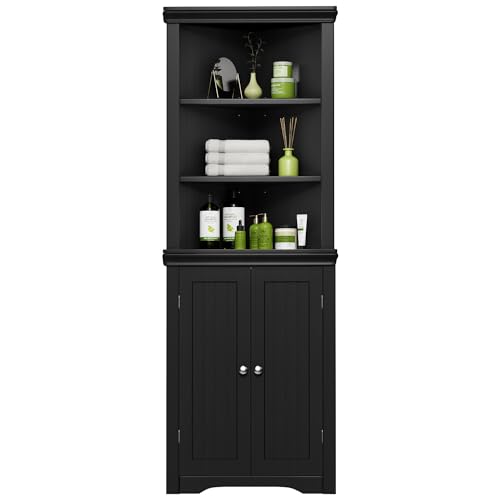 YESHOMY Corner Cabinet Shelves Side Freestanding Storage Organizer with Large Space and Two Doors, Home Furniture for Multifunction in Living Room, Bathroom, Hallway, Kitchen, Bedroom, Black