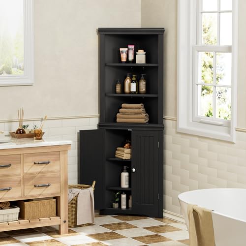 YESHOMY Corner Cabinet Shelves Side Freestanding Storage Organizer with Large Space and Two Doors, Home Furniture for Multifunction in Living Room, Bathroom, Hallway, Kitchen, Bedroom, Black