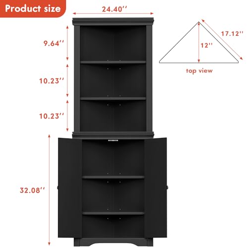 YESHOMY Corner Cabinet Shelves Side Freestanding Storage Organizer with Large Space and Two Doors, Home Furniture for Multifunction in Living Room, Bathroom, Hallway, Kitchen, Bedroom, Black