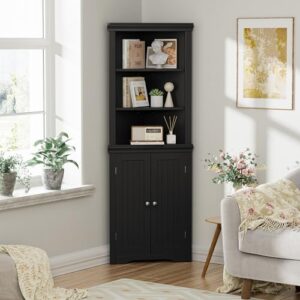 YESHOMY Corner Cabinet Shelves Side Freestanding Storage Organizer with Large Space and Two Doors, Home Furniture for Multifunction in Living Room, Bathroom, Hallway, Kitchen, Bedroom, Black