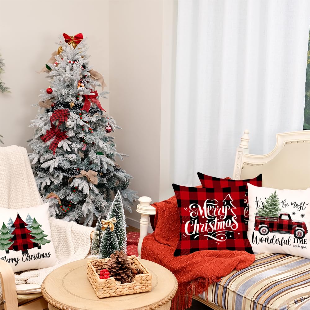 GEEORY Merry Christmas Throw Pillow Covers 18x18 Inch Set of 4, Xmas Trees Truck Buffalo Plaid Believe Farmhouse Decorative Cushion Cases for Home Decoration G421-18