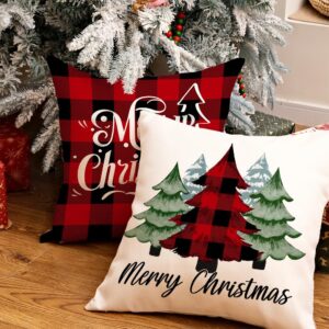 GEEORY Merry Christmas Throw Pillow Covers 18x18 Inch Set of 4, Xmas Trees Truck Buffalo Plaid Believe Farmhouse Decorative Cushion Cases for Home Decoration G421-18