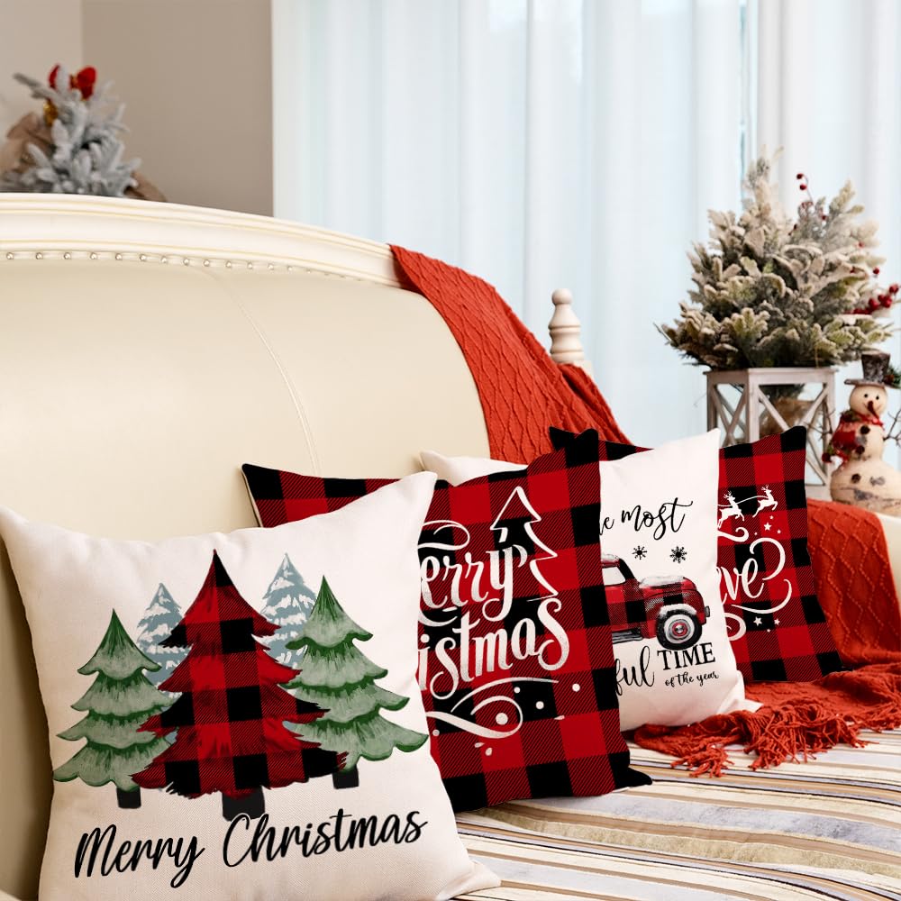 GEEORY Merry Christmas Throw Pillow Covers 18x18 Inch Set of 4, Xmas Trees Truck Buffalo Plaid Believe Farmhouse Decorative Cushion Cases for Home Decoration G421-18