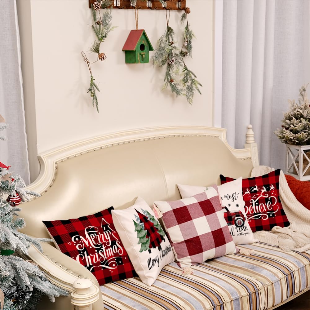 GEEORY Merry Christmas Throw Pillow Covers 18x18 Inch Set of 4, Xmas Trees Truck Buffalo Plaid Believe Farmhouse Decorative Cushion Cases for Home Decoration G421-18