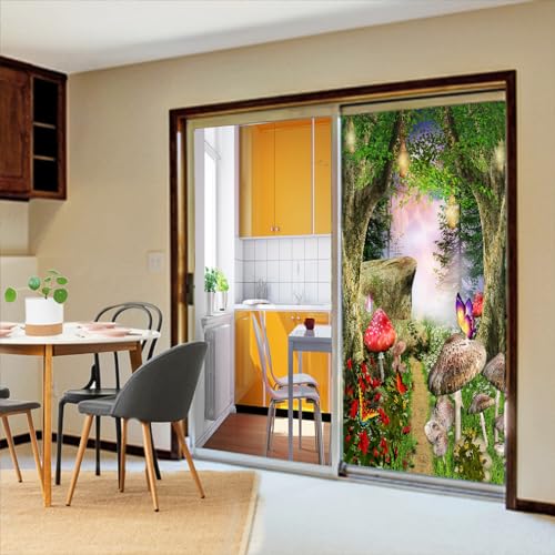 Brebasf Fantasy Forest Mushroom Home Window Film Abstract Oil Painting Style Green Trees Mushrooms Suitable for Living Room,Kitchen,bathroom-17.7W x23.6L in x1Pcs