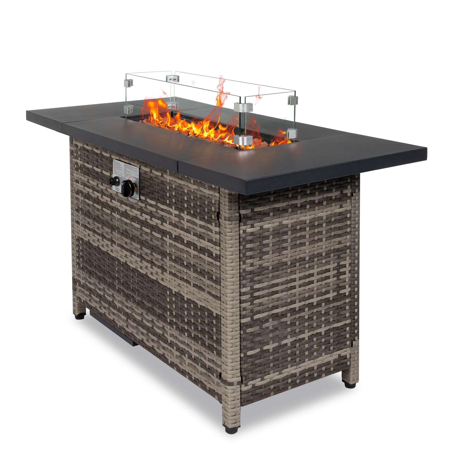 Vasitelan Fire Pit Propane Gas FirePit Table 43" Outdoor Fire Pit Rectangular Tabletop with Lid, Rain Cover, Tempered Glass Wind Guard for Outside Garden Backyard Deck Patio (Style 1)