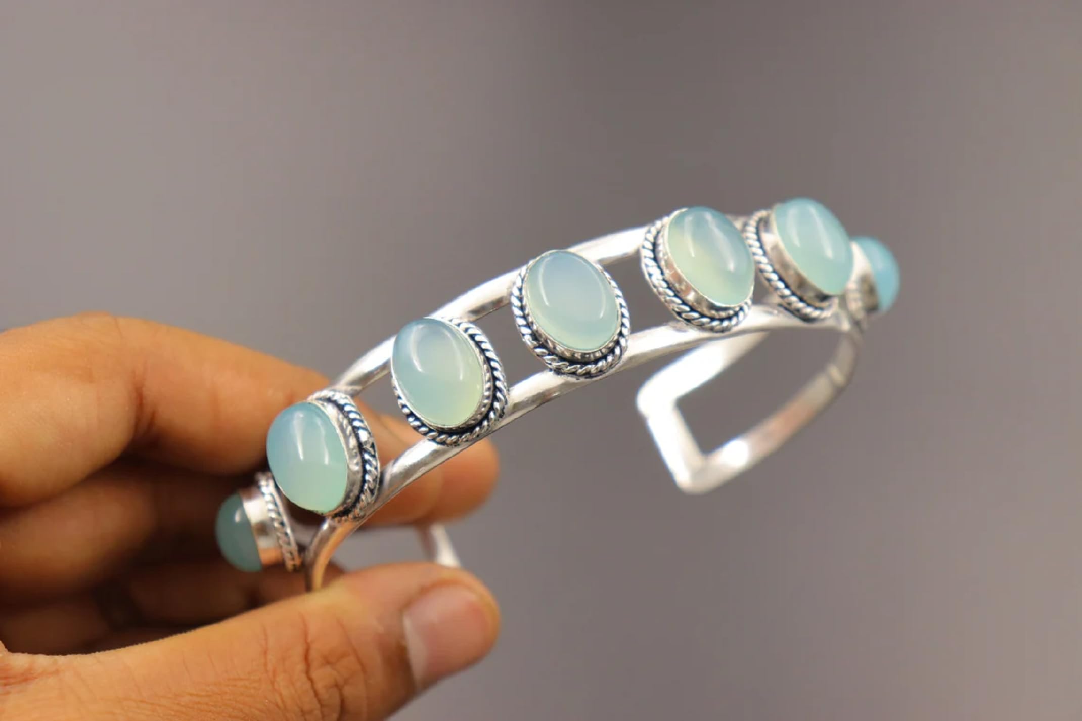 Aqua Chalcedony bangle, cuff bangle, 925 sterling silver bangle, Wedding Jewelry, Many Stone Jewelry, Attractive Bangle, Gift For Her/Him, Charm Bangle, Tennis Bracelet, boho style, Unique Jewelry