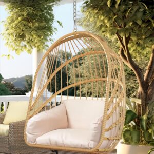 YITAHOME Swing Egg Chair with Cushions 350lbs, Wicker Hammock Chair Foldable Hanging Basket Chair W/O Stand for Outdoor, Indoor, Patio, Bedroom - Beige