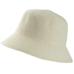 meinicy women mesh bucket hat woven beach hat straw sun hat foldable packable solid fishing hat for summer spring fall (ivory white)