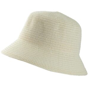 MEINICY Women Mesh Bucket Hat Woven Beach Hat Straw Sun Hat Foldable Packable Solid Fishing Hat for Summer Spring Fall (Ivory White)