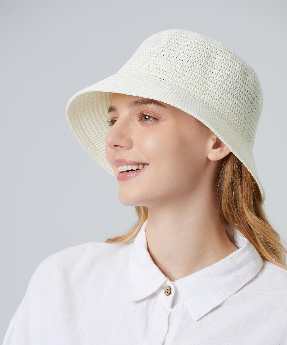 MEINICY Women Mesh Bucket Hat Woven Beach Hat Straw Sun Hat Foldable Packable Solid Fishing Hat for Summer Spring Fall (Ivory White)