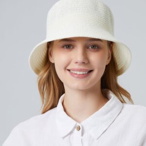 MEINICY Women Mesh Bucket Hat Woven Beach Hat Straw Sun Hat Foldable Packable Solid Fishing Hat for Summer Spring Fall (Ivory White)