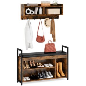 YITAHOME Hall Tree Shoe Bench with Storage, 5 in 1 Entryway Coat Rack with Shoe Bench Set, Coat Rack Wall Mount with Shoe Storage, 3 Cubbies Shelf for Entryway Bedroom Hallway, Rustic Brown