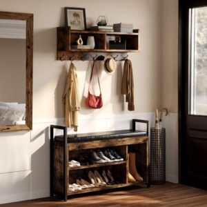 YITAHOME Hall Tree Shoe Bench with Storage, 5 in 1 Entryway Coat Rack with Shoe Bench Set, Coat Rack Wall Mount with Shoe Storage, 3 Cubbies Shelf for Entryway Bedroom Hallway, Rustic Brown