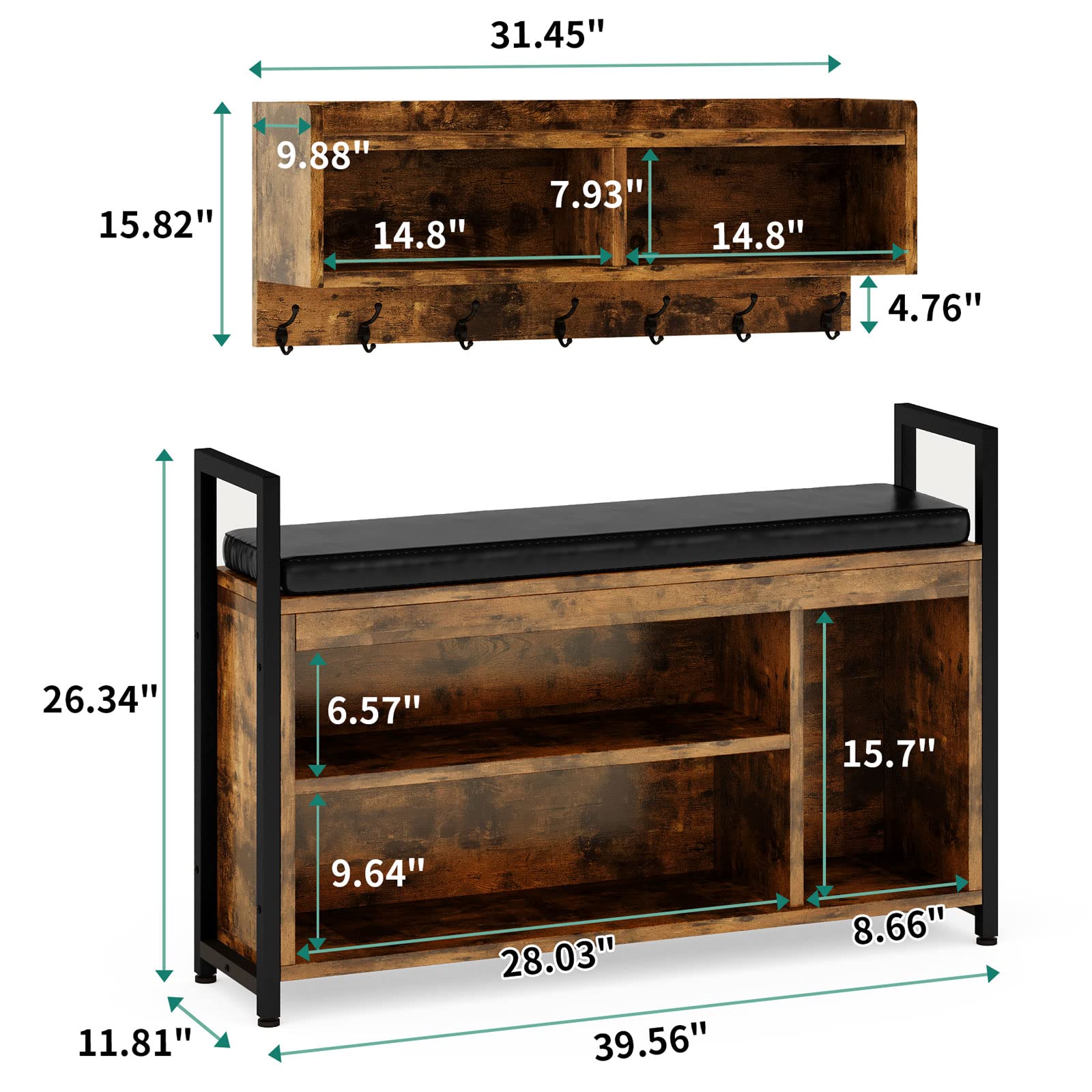 YITAHOME Hall Tree Shoe Bench with Storage, 5 in 1 Entryway Coat Rack with Shoe Bench Set, Coat Rack Wall Mount with Shoe Storage, 3 Cubbies Shelf for Entryway Bedroom Hallway, Rustic Brown