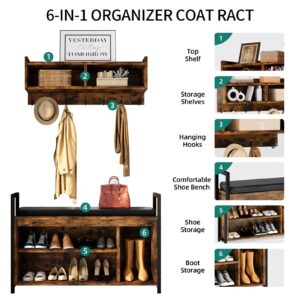 YITAHOME Hall Tree Shoe Bench with Storage, 5 in 1 Entryway Coat Rack with Shoe Bench Set, Coat Rack Wall Mount with Shoe Storage, 3 Cubbies Shelf for Entryway Bedroom Hallway, Rustic Brown