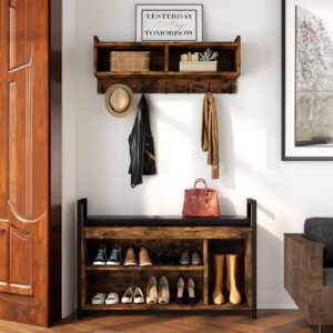 YITAHOME Hall Tree Shoe Bench with Storage, 5 in 1 Entryway Coat Rack with Shoe Bench Set, Coat Rack Wall Mount with Shoe Storage, 3 Cubbies Shelf for Entryway Bedroom Hallway, Rustic Brown