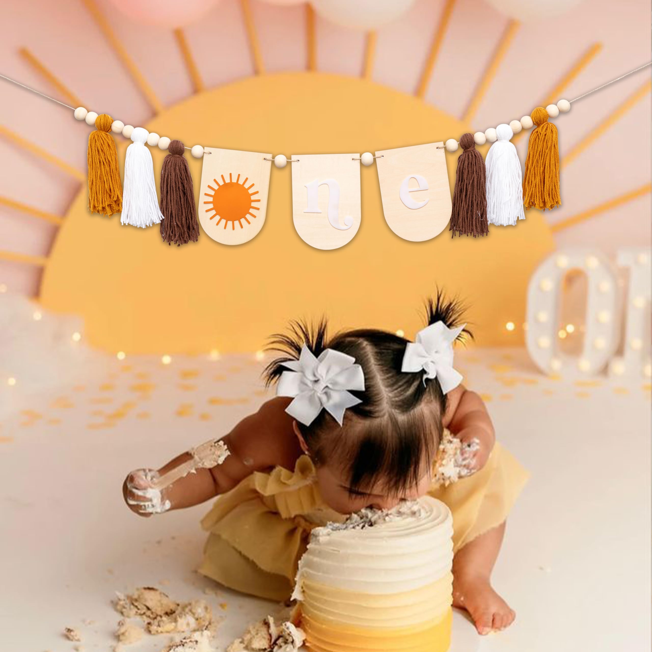 First Trip Around The Sun Highchair Banner - Wood First Birthday Tassel Garland,Nursery and Kids Room Decor, Tassel High chair Banner (SUN TASSEL WOOD)