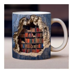 Atlodas Bookworm Mug, Creative 3D Print Bookshelf Mug, Personalise Space Design Multi-Purpose Ceramic Mug, Perfect for Gifting to Book Lovers (A)