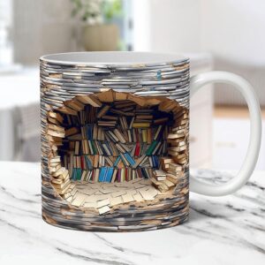 Atlodas Bookworm Mug, Creative 3D Print Bookshelf Mug, Personalise Space Design Multi-Purpose Ceramic Mug, Perfect for Gifting to Book Lovers (A)