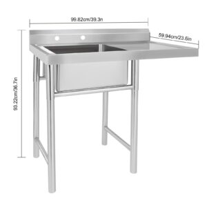 201 Stainless Steel Utility Sink Freestanding Single Bowl Commercial Sink Kitchen One Compartment Workbench Sink, for Restaurant, Laundry Room, Backyard, Garages, 39.3"L*23.6"W*36.7"H