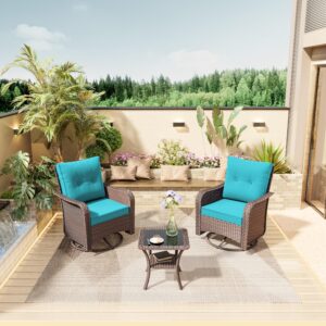 rtdtd 3 piece wicker swivel rocking chair set, outdoor patio glider chair with glass top coffee table, conversation furniture sets suitable for patio, lawn, outdoor, back garden blue