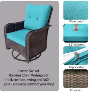 RTDTD 3 Piece Wicker Swivel Rocking Chair Set, Outdoor Patio Glider Chair with Glass Top Coffee Table, Conversation Furniture Sets Suitable for Patio, Lawn, Outdoor, Back Garden Blue