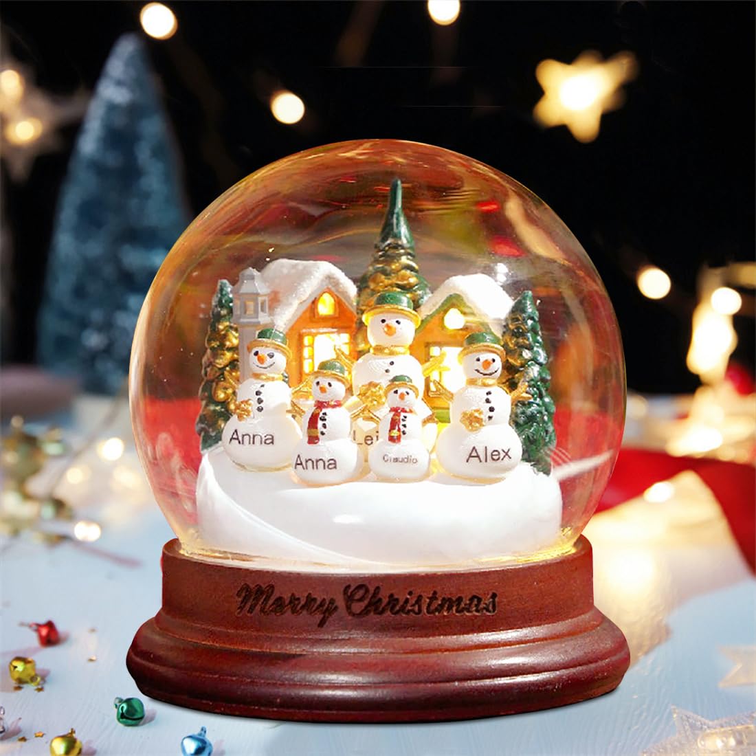 Personalized Light Up Snowman Crystal Ball Christmas Snow Globe Ornament with LED Light,Custom Family Name Glass Ball Christmas Night Light for Home Decor Desk Lamp Xmas Gifts (Snowman Crystal Ball)