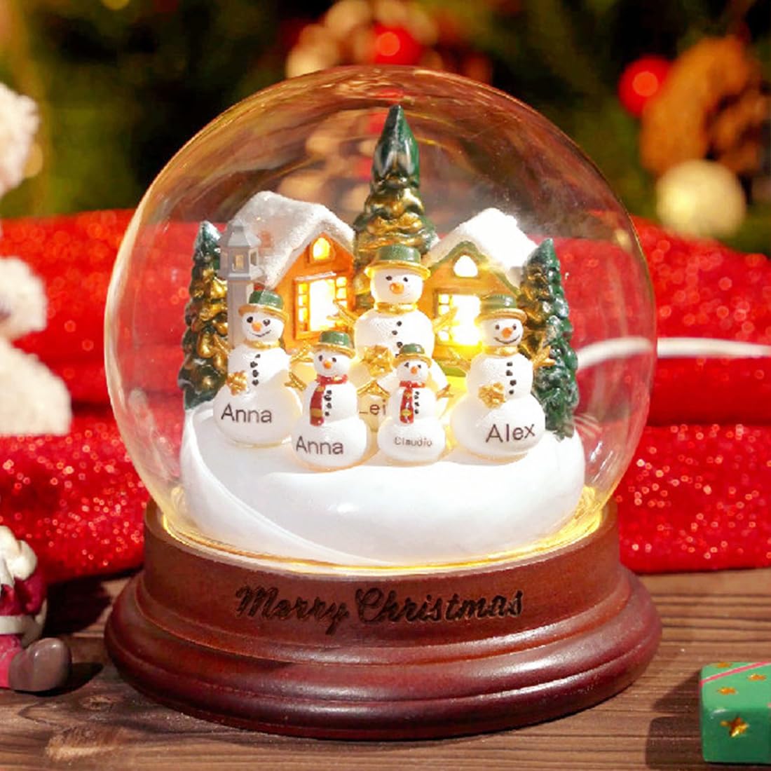 Personalized Light Up Snowman Crystal Ball Christmas Snow Globe Ornament with LED Light,Custom Family Name Glass Ball Christmas Night Light for Home Decor Desk Lamp Xmas Gifts (Snowman Crystal Ball)