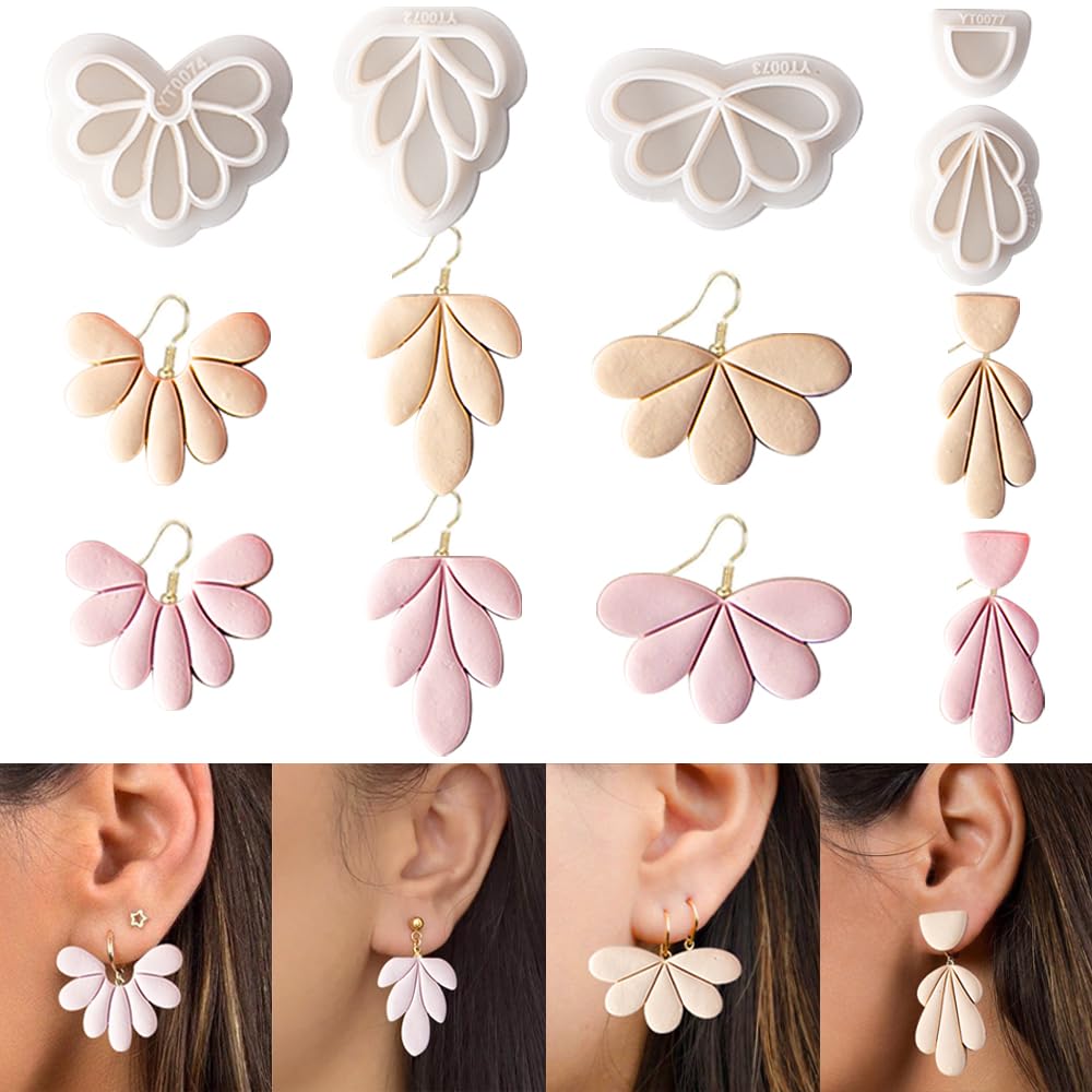 4 Pcs Flowers Shape Polymer Clay Cutters,Floral Petal Polymer Clay Earrings Polymer Clay Molds Clay Cutter Mix Flower Floral Clay Earring Cutters for DIY Polymer Clay Jewelry Clay Earring Making Kit