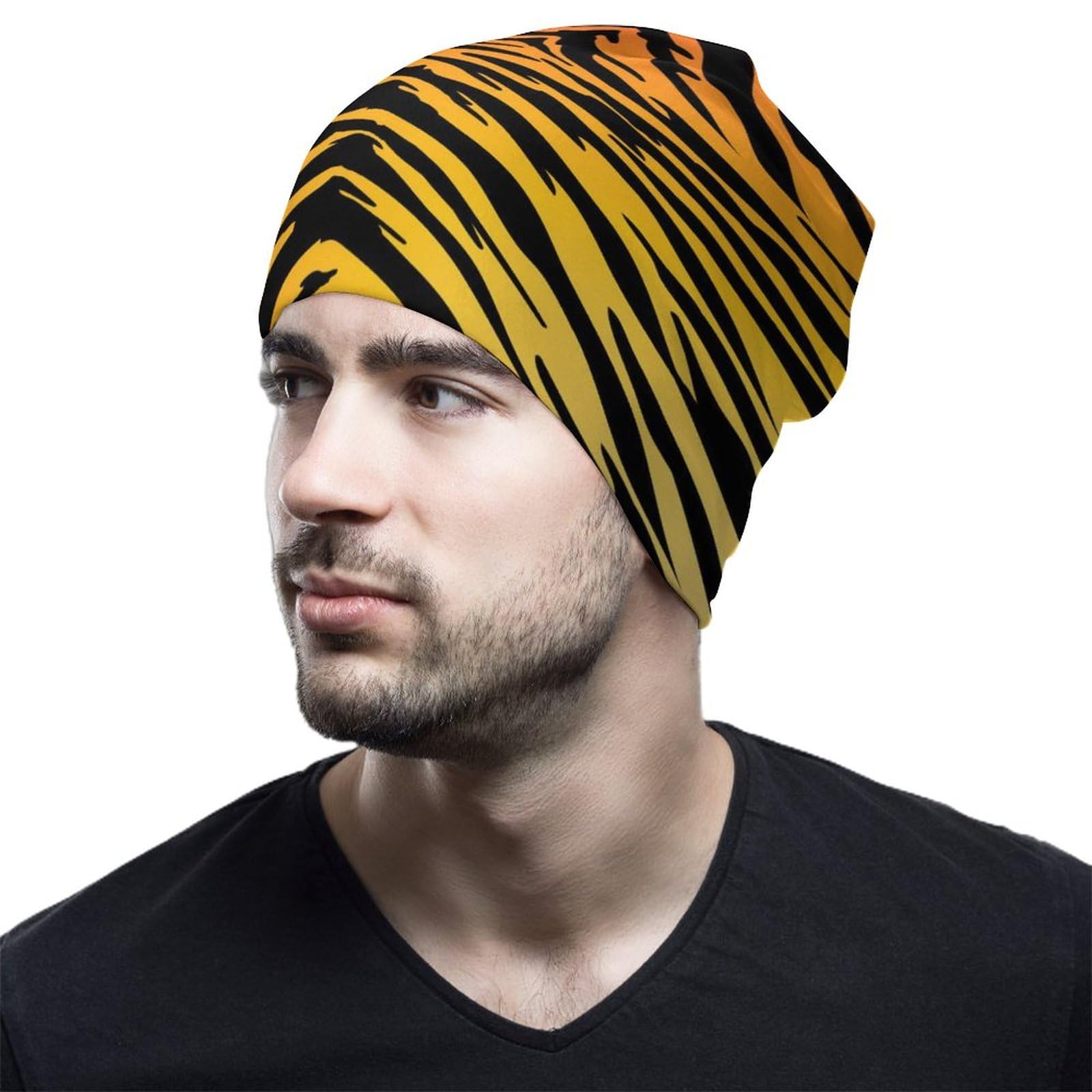 Animal Print Tiger Stripe Black Gold Unisex Skull Beanie Hat Multifunction Winter Warm Hat Soft Breathable Headwear Novelty Knitted Nightcap for Men Women