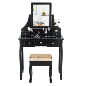 costway vanity desk set with mirror, vanity desk and cushioned stool set with 5 storage drawers, makeup dressing table for bedroom women girls (black)