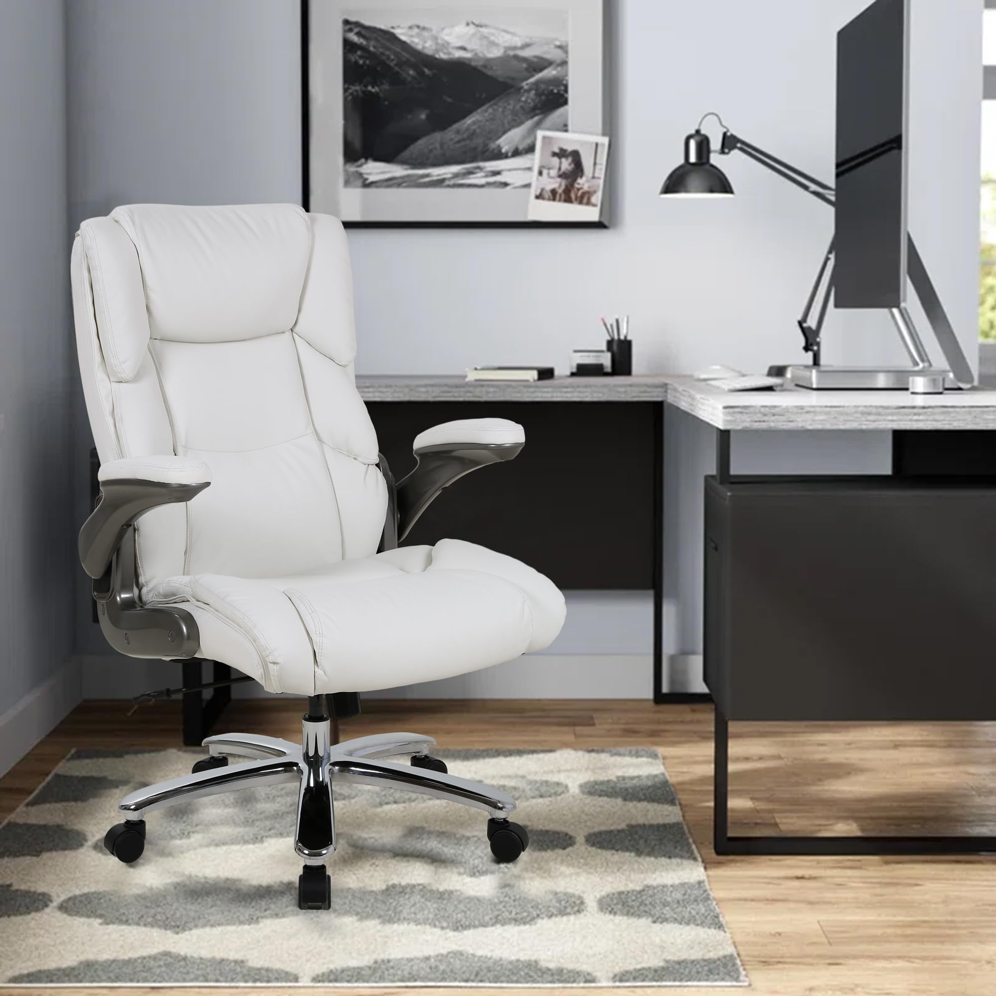 Office Chair, Comfortable Office Chair with Flip-Up Arm, High Back Office Chair with 400LBS Load -Bearing Capacity, Comfy Office Chair for Heavy People, Big and Tall Office Chair, White, Faux Leather