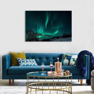 Aurora Scenery Painting on Canvas Prints,Green Aurora Borealis Starry Sky,Canvas Wall Art,for Bedroom Modern Scenery Painting Print Artwork Ready to Hang 80x120cm(31x47in) Framed