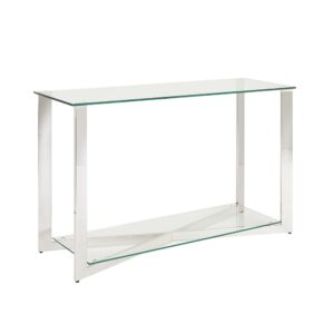 uptown club stampley modern table for living room with 2 tempered glass shelves and polished stainless steel frame, silver