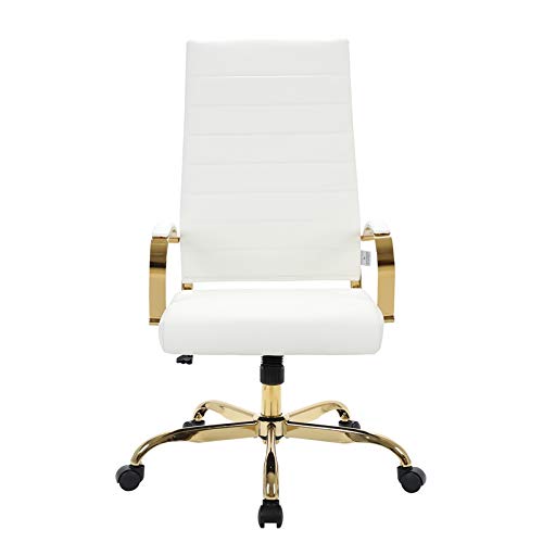 Pemberly Row High-Back Leather Office Chair with Gold Frame in White