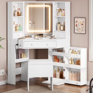 BTHFST Corner Vanity Desk with Lights and Charging Station, Makeup Vanity with Lights, Vanity Set with Mirror and Storage Stool, Makeup Table with Drawers, Rotating Shelves, White