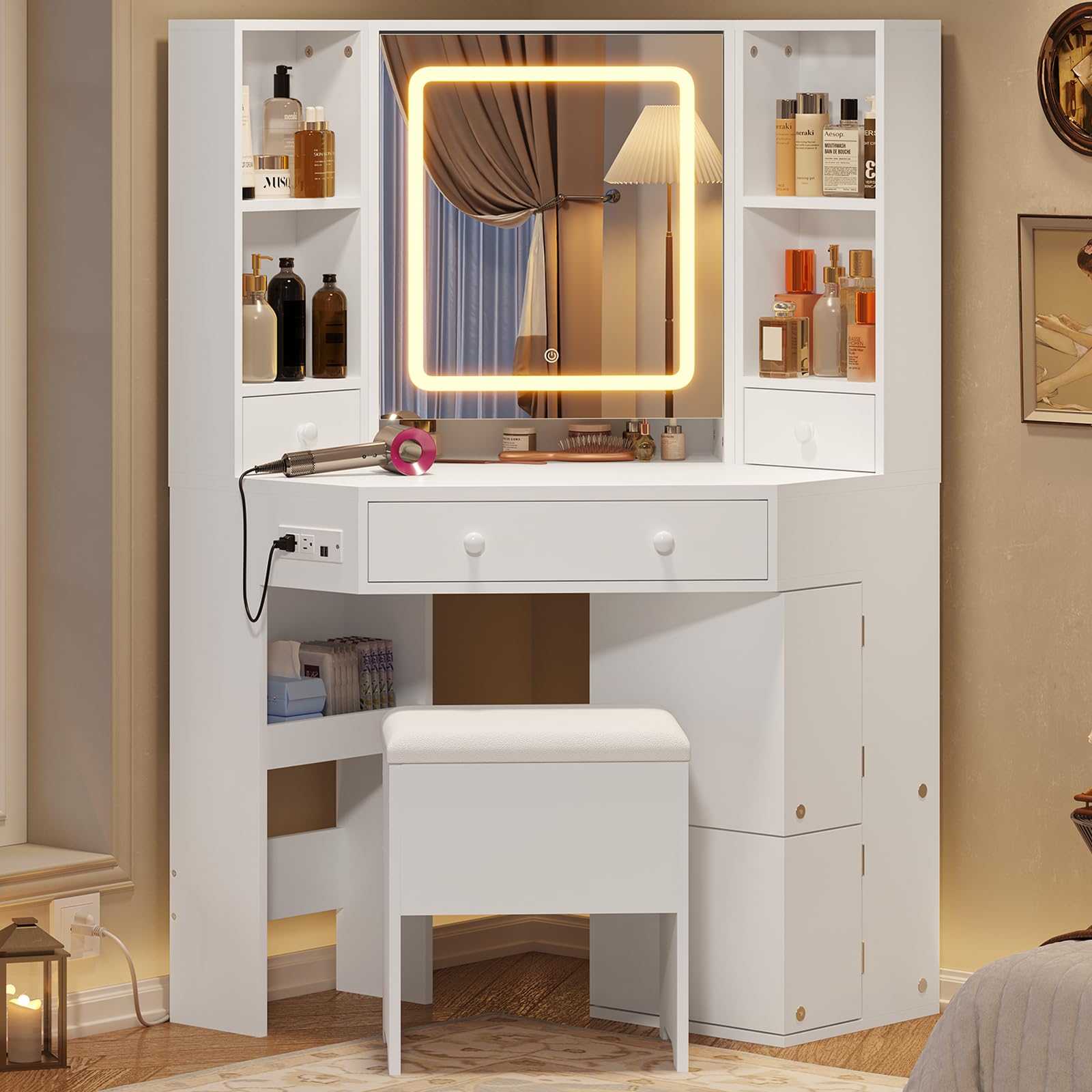 BTHFST Corner Vanity Desk with Lights and Charging Station, Makeup Vanity with Lights, Vanity Set with Mirror and Storage Stool, Makeup Table with Drawers, Rotating Shelves, White