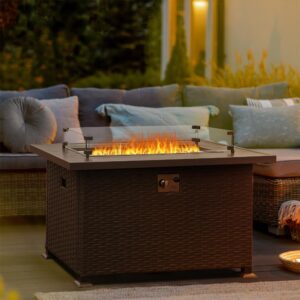 Propane Fire Pit Table, Outdoor Fire Table Rectangle 50000 BTU, 43 Inch Gas Fire Pit for Outside Patio with ETL-Certified, Auto Ignition, Aluminum Tabletop, Glass Wind Guard, Cover, Gray Wicker