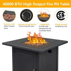 SEALAMB Outdoor 28" Square Fire Pit Table, Propane Fire Pit Table with Lid & Glass Wind Guard, CSA-Certified, 50000 BTU Gas Firepit for Outside Paito & Garden