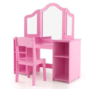 KOTEK Kids Vanity Table and Chair, 2 in 1 Wooden Princess Dressing Desk with Detachable Tri-Folding Mirror & Storage Shelves, Girls Pretend Play Beauty Makeup Vanity for Bedroom (Pink with Chair)