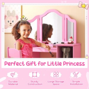 KOTEK Kids Vanity Table and Chair, 2 in 1 Wooden Princess Dressing Desk with Detachable Tri-Folding Mirror & Storage Shelves, Girls Pretend Play Beauty Makeup Vanity for Bedroom (Pink with Chair)