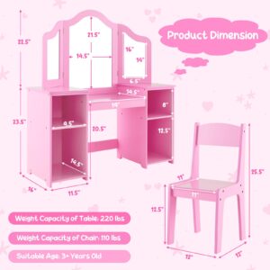 KOTEK Kids Vanity Table and Chair, 2 in 1 Wooden Princess Dressing Desk with Detachable Tri-Folding Mirror & Storage Shelves, Girls Pretend Play Beauty Makeup Vanity for Bedroom (Pink with Chair)